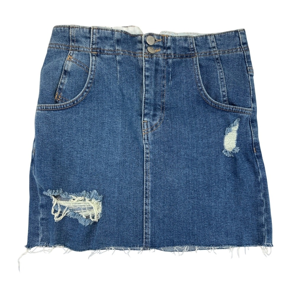 Free People Denim Mini Skirt Womens 2 Distressed Raw Hem Back Buckle Detail
